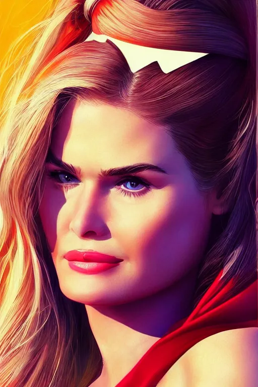 Image similar to portrait of a mix of beautiful young maria shriver, mariel hemmingway, brooke shields and elle macpherson as supergirl, thin lips, hair tied up in a pony tail, colorful artstation, cgsociety