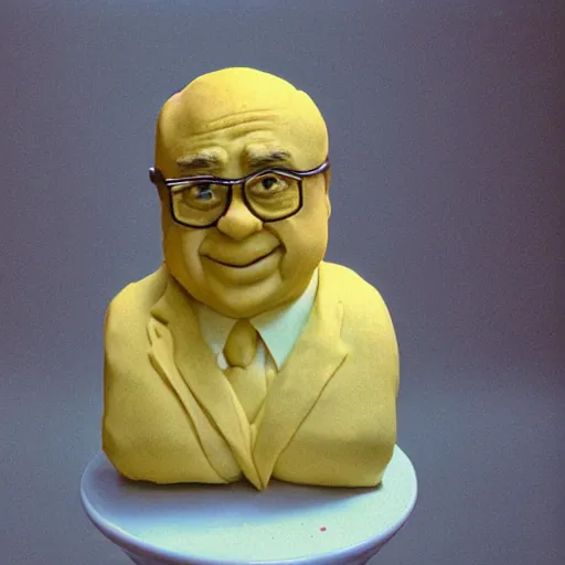 Prompt: butter sculpture of Danny Devito, 35mm film, dslr photograph