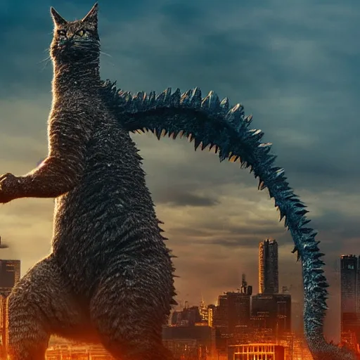 Image similar to a giant cat standing on hind legs destroying city, style of godzilla, low angle, realistic, 8 k