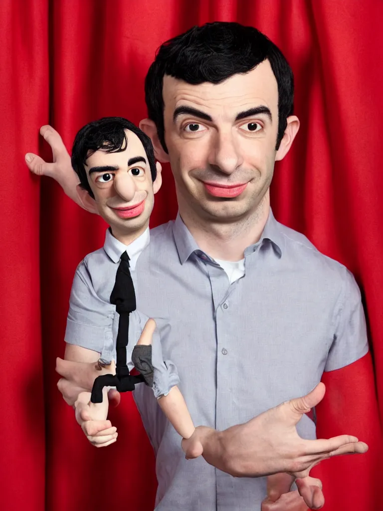 Image similar to close up photograph of nathan fielder from nathan for you behind a puppet stage with a red curtain controlling a single marionette by the strings, high detail, 8 k, photorealism, sharp focus, volumetric lighting