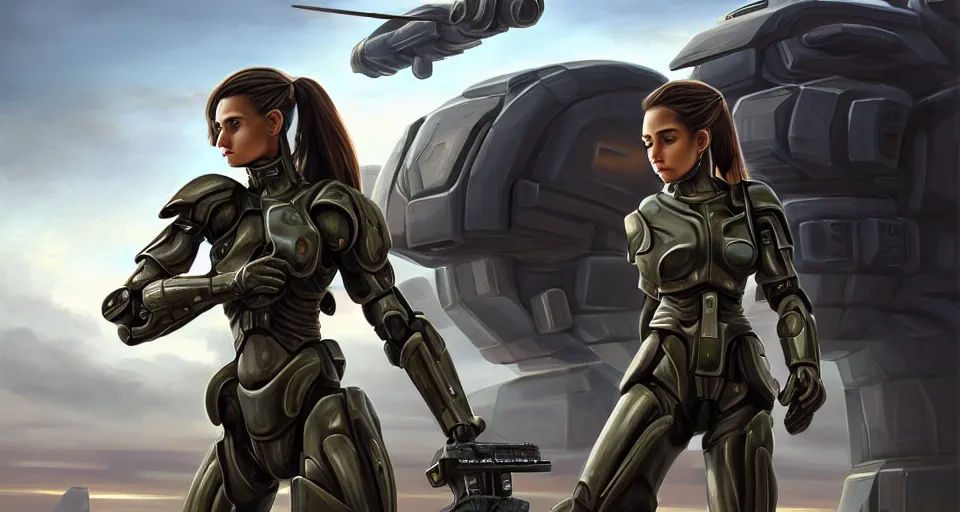 Image similar to a photorealistic painting of an attractive young girl, clothed in stealth-battle armor with a giant sci-fi sniper rifle in her hands, olive skin, long dark hair, beautiful bone structure, symmetrical face, perfect eyes, a futuristic hover-tank with heavy laser-turret in the background, intricate details, elegant, digital painting, illustration, sharp focus, minimal artifacts, from Metal Gear, in the style of Ruan Jia and Mandy Jurgens and Greg Rutkowski, trending on Artstation, award winning, unreal engine, octane render