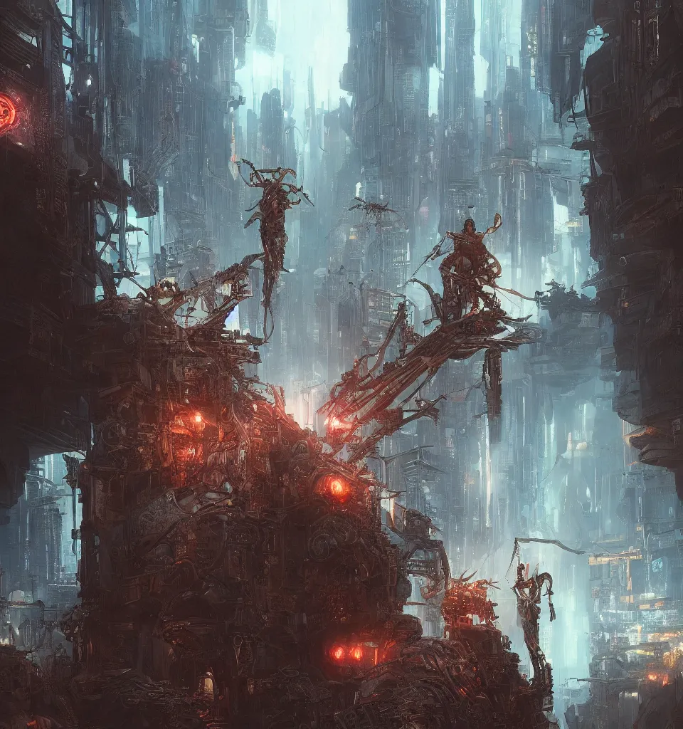 Image similar to cyberpunk gladiator, cinematic, highly detailed, octane render, cg, rich cinematic atmosphere, perfect digital art, mystical journey in strange world, Mystical, cyberpunk, tech war, sci-fi, surreal, glowing lights, sharp focus, high detailed, by Akihiko Yoshida, michael whelan and Karol Bak