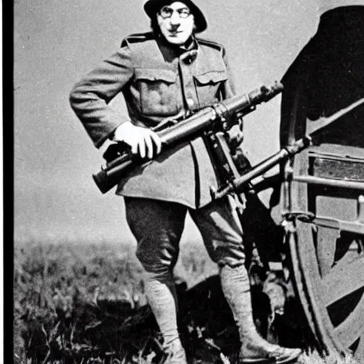 Image similar to old wartime photograph of john lennon holding a lewis gun, 1 9 1 7