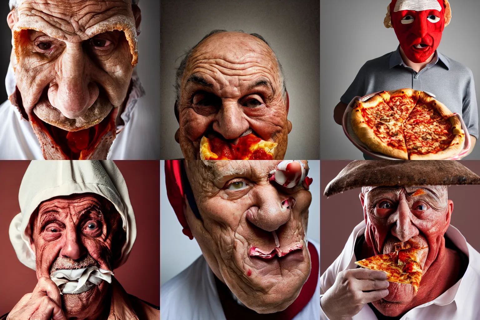 Prompt: portrait photo of wrinkled man wearing a pulcinella mask, eating pizza, studio photography, diffuse light, closeup, sharp focus, clear eyes, photo by annie leibovitz