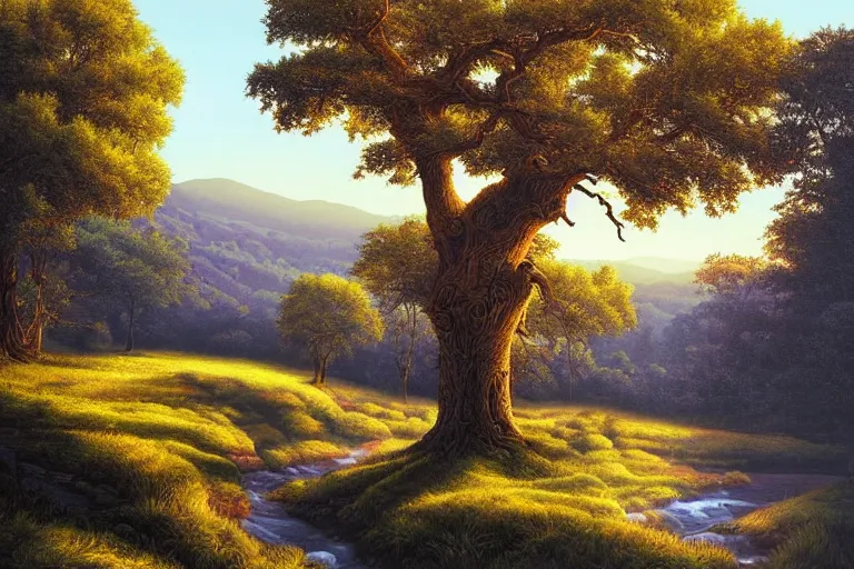 Image similar to masterpiece painting of oak trees on a hillside overlooking a creek, dramatic lighting, by dan mumford