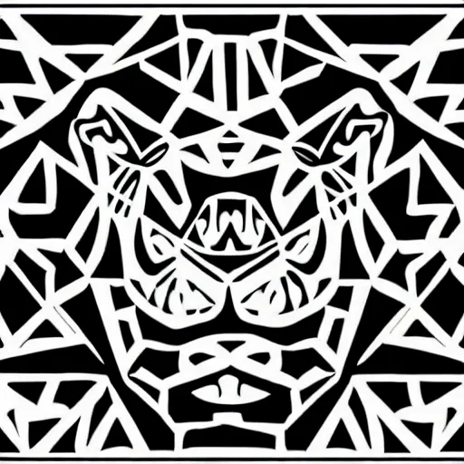 Image similar to jaguar head tattoodesign, geometrical, symmetrical, frontview, black and white, white background. very detailed ink drawing, fine lineart, extremely detailed