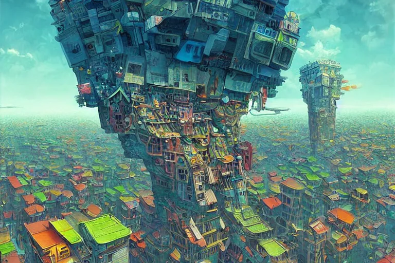 Image similar to surreal cyberpunk city, floating house in the sky, summer morning, very coherent and colorful high contrast, art by!!!! gediminas pranckevicius!!!!, geof darrow, dark shadows, hard lighting