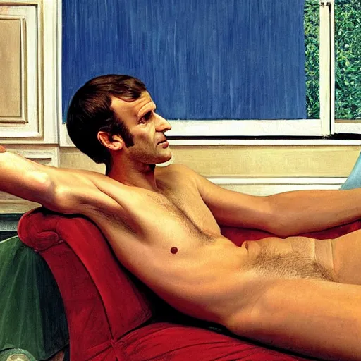 Prompt: emmanuel macron posing on a sofa, 1 9 7 0 living room, body hair, oil on canvas, by david hockney, bouguereau