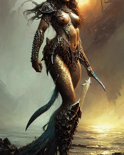 Prompt: a fierce mermaid princess in full armor, fantasy character portrait, ultra realistic, concept art, intricate details, highly detailed by greg rutkowski, gaston bussiere, craig mullins, simon bisley