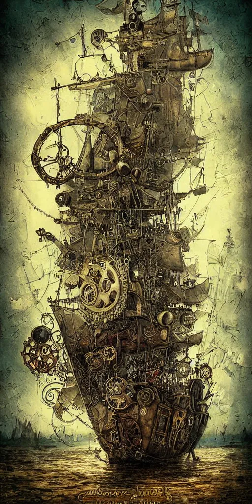 Image similar to a detailed digital painting of a steampunk pirate ship by alexander jansson