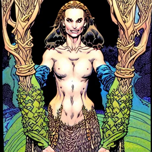 Image similar to a portrait of natalie portman as a druidic wizard by rebecca guay, michael kaluta, charles vess and jean moebius giraud