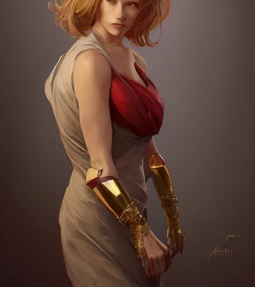 Image similar to a girl wearing a golden dress, grey hair, red necktie, cinematic, stunning, highly detailed, digital painting, artstation, smooth, hard focus, full body shot, illustration, art by artgerm and greg rutkowski and alphonse mucha