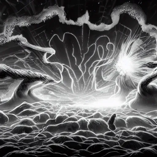 Prompt: astral explosion in the style of kentaro miura, 4 k, 8 k, absolute detailing of even the smallest details and particles, beautiful shadows, beautiful art, black and white drawing, high rendering of the details of the environment, faces and characters