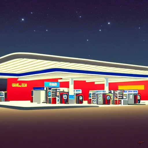 Image similar to a matte painting of a gas station at night by emiliano ponzi, james gilleard, george ault, david hockney, albert namatjira, minimalist, bauhaus, retrofuturism, postminimalism, concept art, matte background, matte drawing, space art, generative art