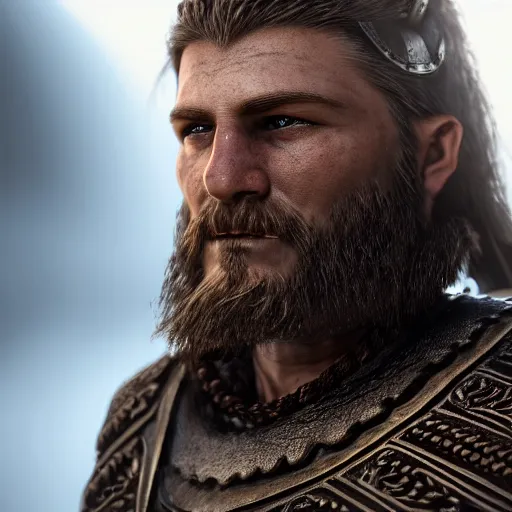Prompt: a hyperrealistic render of a 9 th century viking, extremely pronounced masculine features, leather armor with nordic religious decorations, low dutch angle, face in focus, natural lighting, realism, nordic facial structure, muscular, unreal engine 5, octane