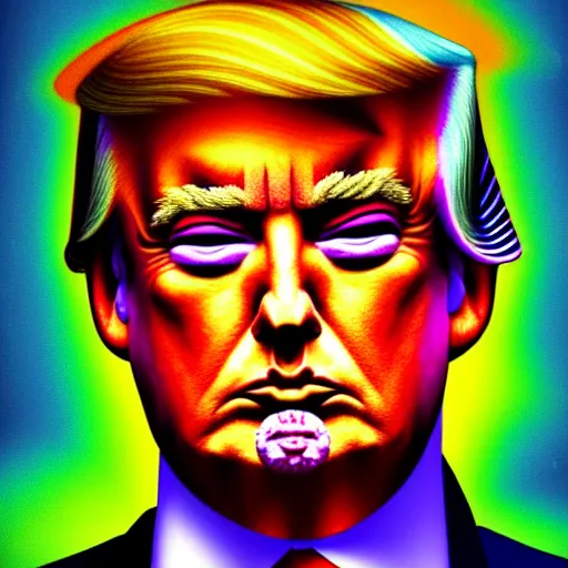 Image similar to an extremely psychedelic portrait of donald trump, surreal, lsd, face, detailed, intricate, elegant, lithe, highly detailed, digital painting, artstation, concept art, smooth, sharp focus, illustration