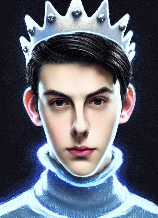 Image similar to portrait of teenage jughead jones wearing a light grey crown, crown, blue turtleneck, 1 9 5 0 s, closed eyes, photorealistic, black hair, glowing lighting, intricate, elegant, glowing lights, highly detailed, digital painting, artstation, concept art, smooth, sharp focus, illustration, art by wlop, mars ravelo and greg rutkowski