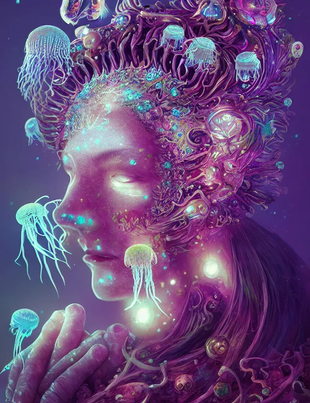 Image similar to goddess macro close - up portrait in crown made of ram skull. betta fish, jellyfish phoenix, bioluminiscent, plasma, ice, water, wind, creature, super intricate ornaments artwork by tooth wu and wlop and beeple and greg rutkowski