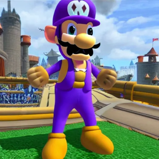 Image similar to waluigi from mario kart wearing a cat costume from peach, epic, unreal engine