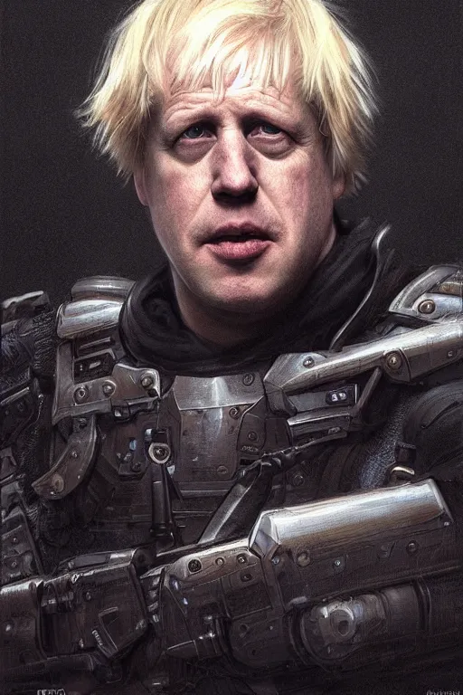 Image similar to Boris Johnson as Punisher, armor plate, realistic portrait, symmetrical, highly detailed, digital painting, artstation, concept art, smooth, sharp focus, illustration, cinematic lighting, art by artgerm and greg rutkowski and alphonse mucha