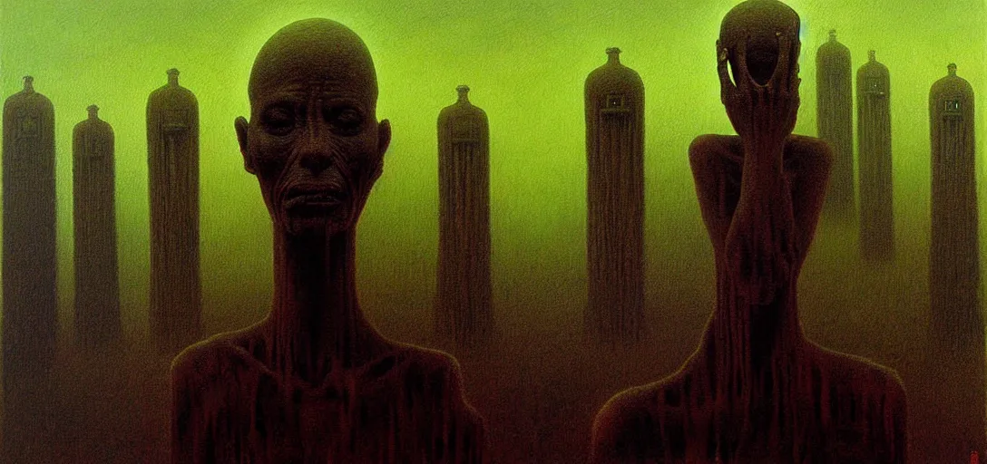 Image similar to deep shadows horror dystopian surreal painting of a single eerie head statue surrounded by buildings by zdzisław beksinski, poverty, broken, relic