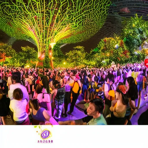 Image similar to large group of people partying at garden by the bay in Singapore, photorealistic, ultra-detailed, high resolution