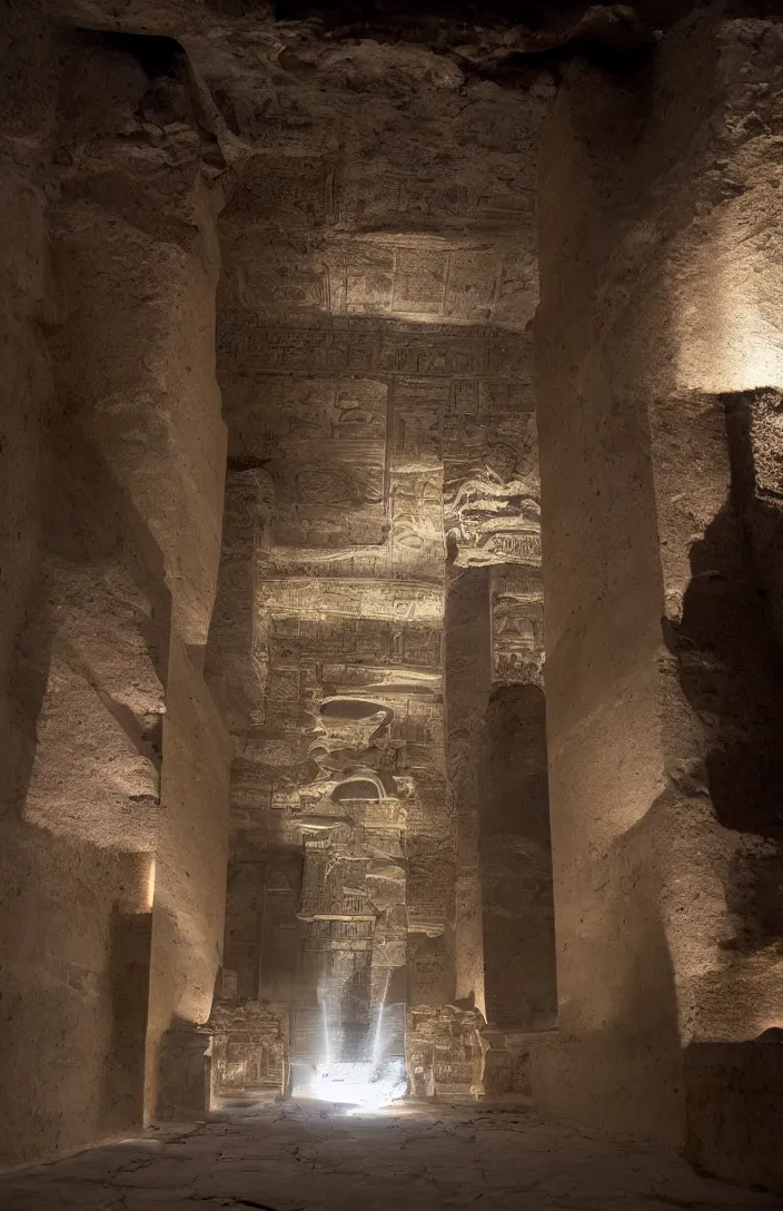 Prompt: punisher symbol is giant entrance into ancient egyptian temple with luminous smoke and light rays.