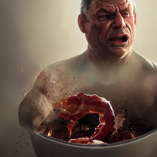 Image similar to ( ( viktor orban ) ) with realistic face sitting on the toilet and eating bacon by greg rutkowski, highly detailed, octane render, 4 k, 8 k, hdr, cgsociety, amazing lightning, masterpiece