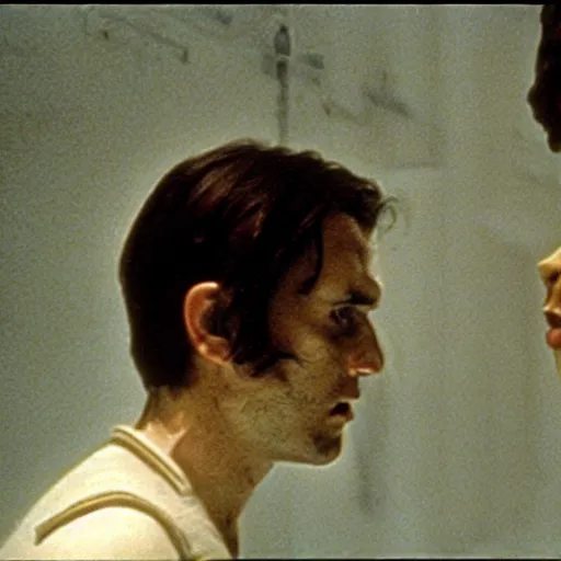 Prompt: Possession (1981) movie by Andrzej Żuławski, movie still, robot head and man head looking to the side, dop