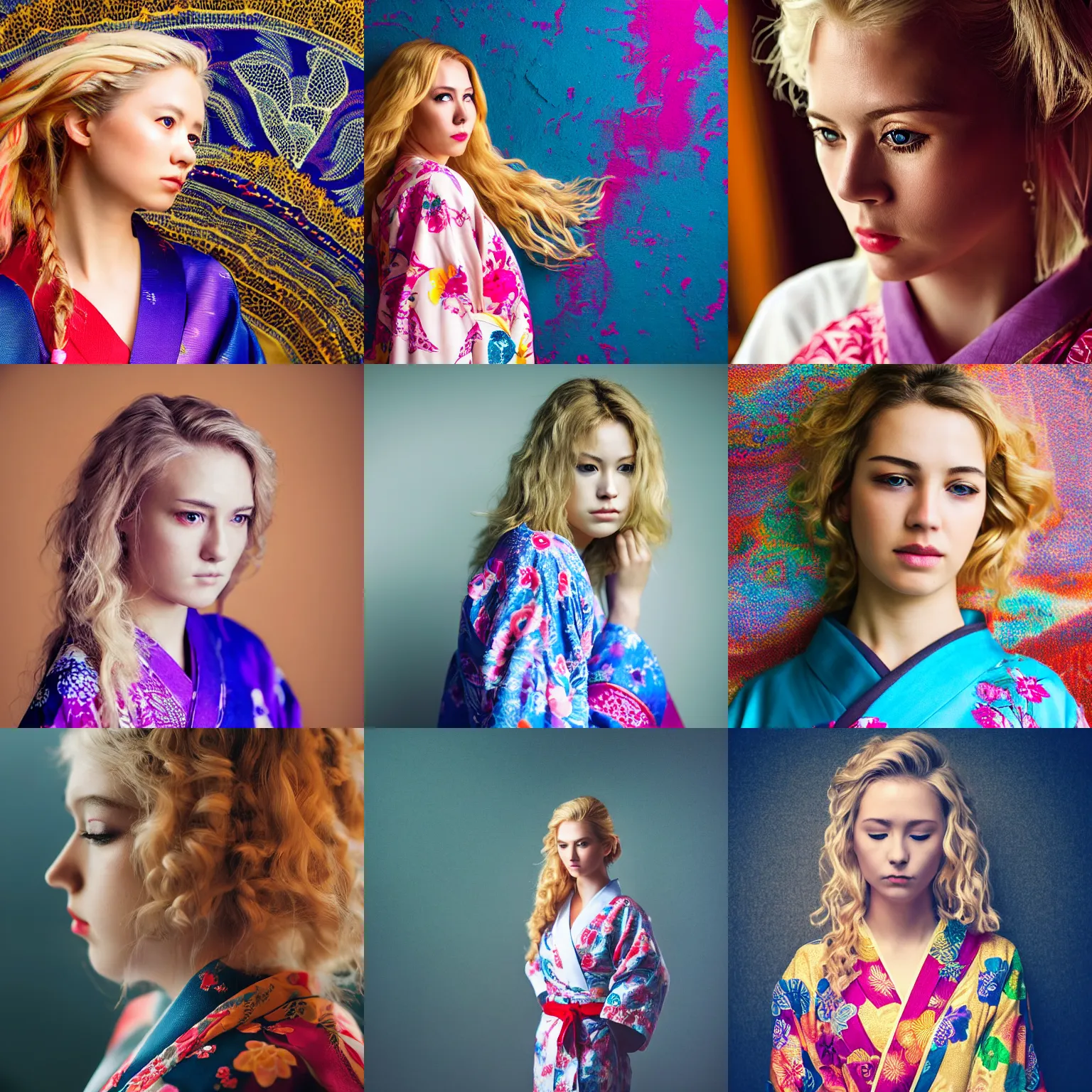 Prompt: stunning, breathtaking, awe - inspiring award - winning portrait of an attractive young white woman with wavy blonde hair, wearing a colorful yukata, extremely moody lighting, intricate, 8 k