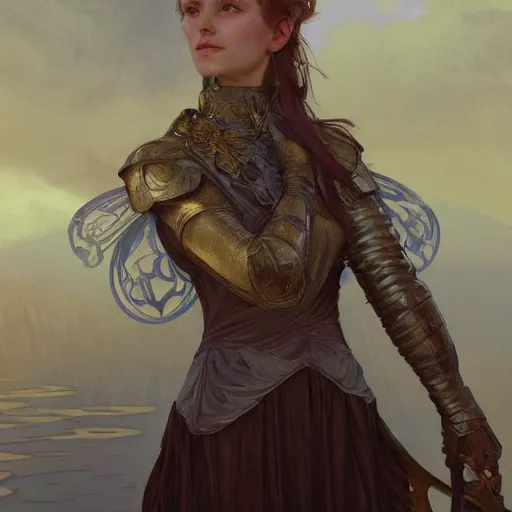 Prompt: A bust portrait of A female knight sitting by the lake by greg rutkowski and alphonse mucha,In style of Dark Fantasy digital art illustration.WLOP.hyper detailed,smooth, sharp focus,trending on artstation,4k