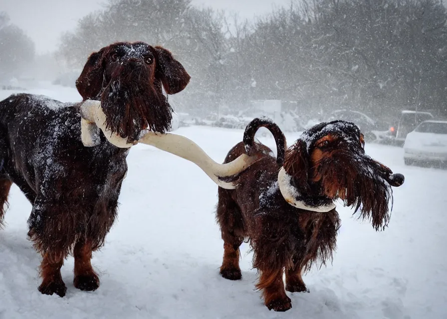 Image similar to Giant woolly dachshund with tusks, in the middle of a snow storm