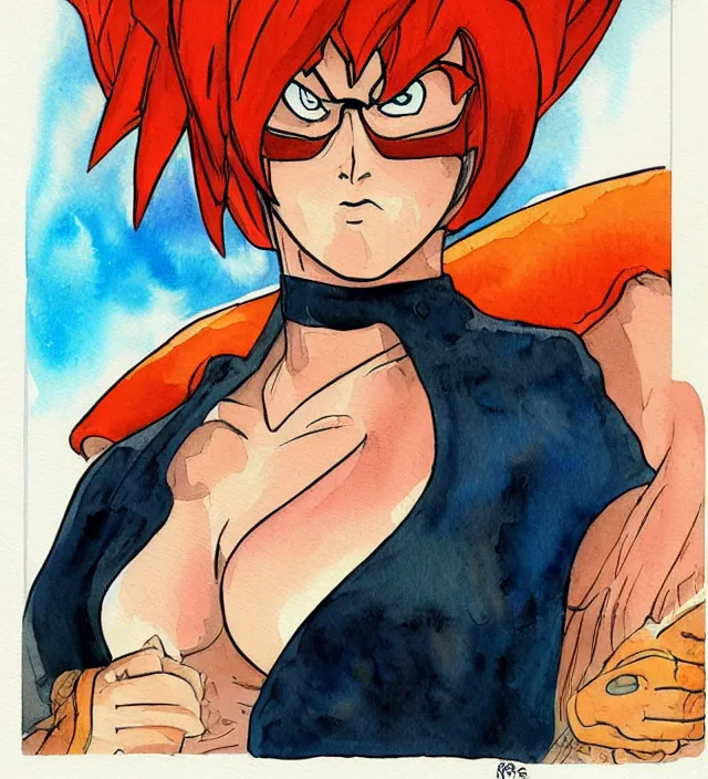 Image similar to a 3 / 4 view watercolor ink painting of velma as a god of destruction from dragon ball in the style of jean giraud in the style of moebius trending on artstation deviantart pinterest detailed realistic hd 8 k high resolution