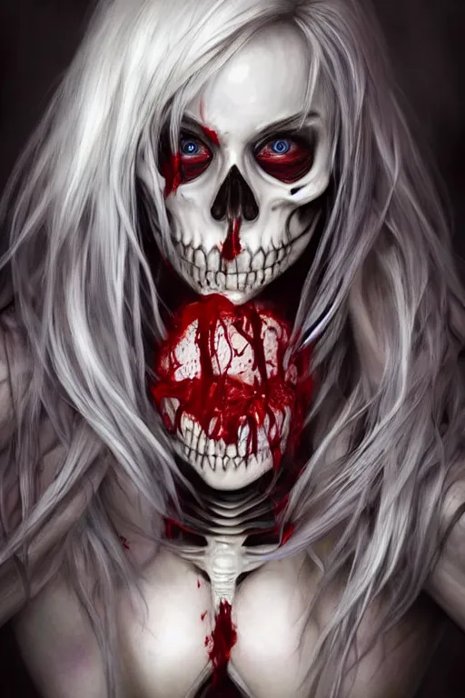 Image similar to skeleton black bones!!, covered with blood, jessica nigri face!!, highly detailed face, long red hair, beautiful blue eyes, ultra realistic, concept art, intricate details, photorealistic, octane render, 8 k, unreal engine. retro film still, heavy grain, 3 5 mm, art by artgerm and greg rutkowski and alphonse mucha