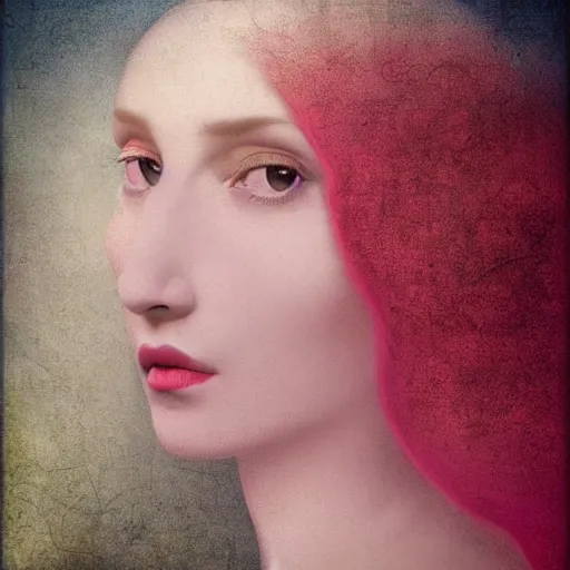 Image similar to by christian schloe hollywood cerise, pastel yellow. a digital art beauty & mystery of the woman sitting before us. enigmatic smile & gaze invite us into her world, & we cannot help but be drawn in. soft features & delicate way she is dressed make her almost ethereal. landscape distance & mystery. what secrets this woman holds.