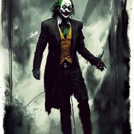 Image similar to jason momoa as joker, full body, dynamic pose, painted by greg rutkowski