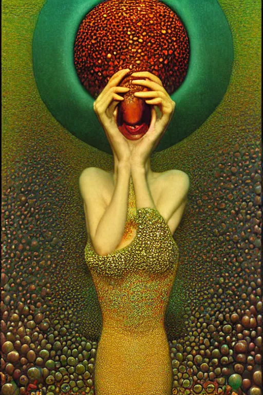 Image similar to art deco close up portait of mushroom head with big mouth surrounded by spheres, rain like a dream digital render curvalinear clothing dramatic fluid lines otherworldly vaporwave interesting details epic composition by artgerm moebius francis bacon gustav klimt