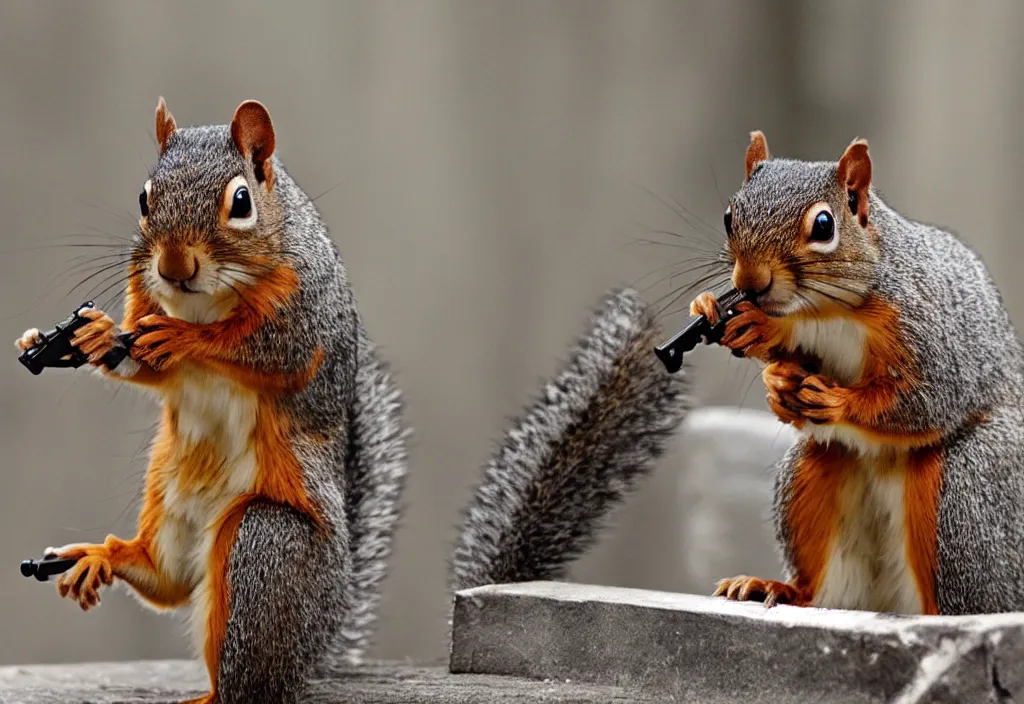 Image similar to genetically modified squirrels with guns hold a bank hostage