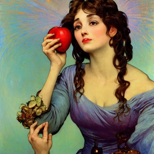 Image similar to an aesthetic! detailed close - up portrait of an aesthetic woman crying mournfully while holding an apple in a gloved hand, by frank frazetta and alphonse mucha, oil on canvas, bright colors, art nouveau, epic composition, dungeons and dragons fantasy art, hd, god - rays, ray - tracing, crisp contour - lines, huhd - 8 k