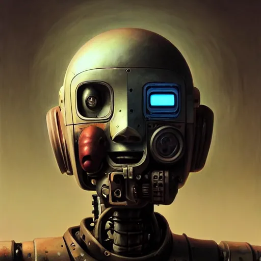 Image similar to a expressive portrait of masked diesel punk robot in dramatic lighting, depth of field background, artstation, award - winning realistic sci - fi concept art by jim burns and greg rutkowski, beksinski, a realism masterpiece, expressive color palette, james gilleard, bruegel, alphonse mucha, and yoshitaka amano