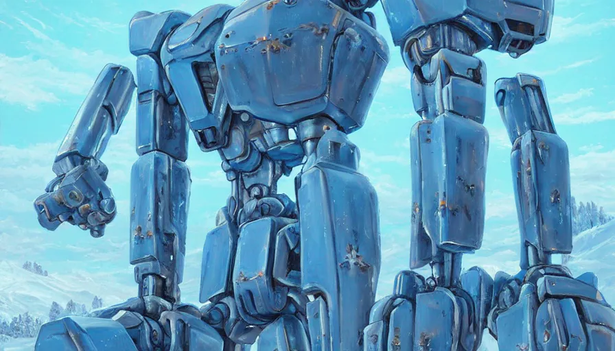 Prompt: an intricate oil painting of a giant pristine icey blue metal anime humanoid mecha with rounded components by simon stalenhag, icey tundra background