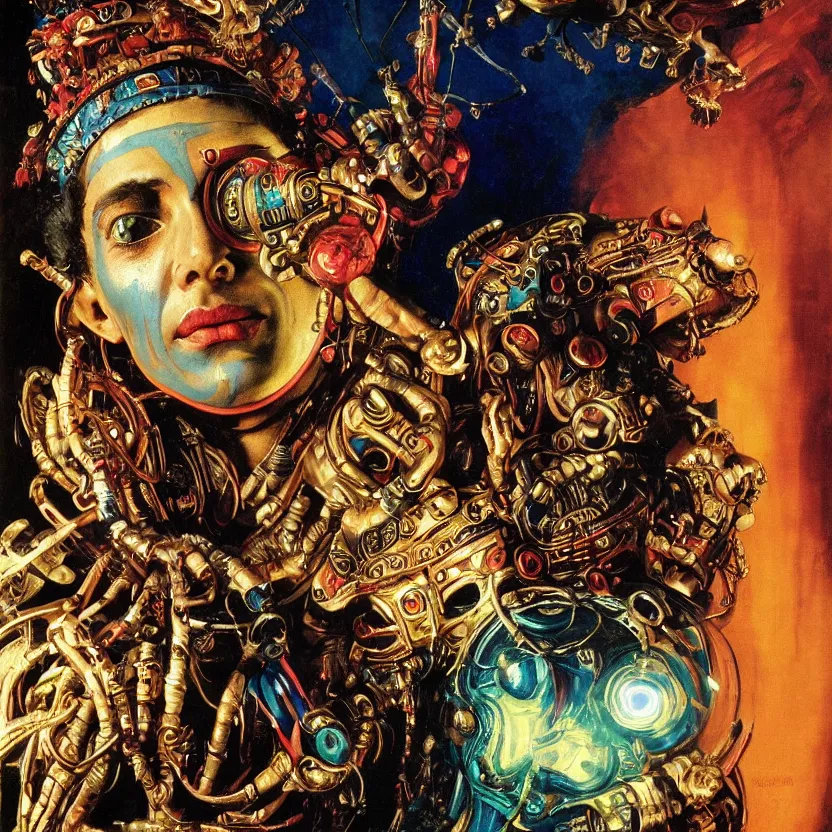 Prompt: a baroque close - up portrait of a fantasy alien cyborg shaman god wearing facepaint and a colorful futuristic aztec headset with metallic technology, holding a bird. cosmic black background. intense lighting. highly detailed science fiction fantasy painting by norman rockwell, moebius, frank frazetta, syd mead, and sandro botticelli. high contrast. renaissance masterpiece. artstation.