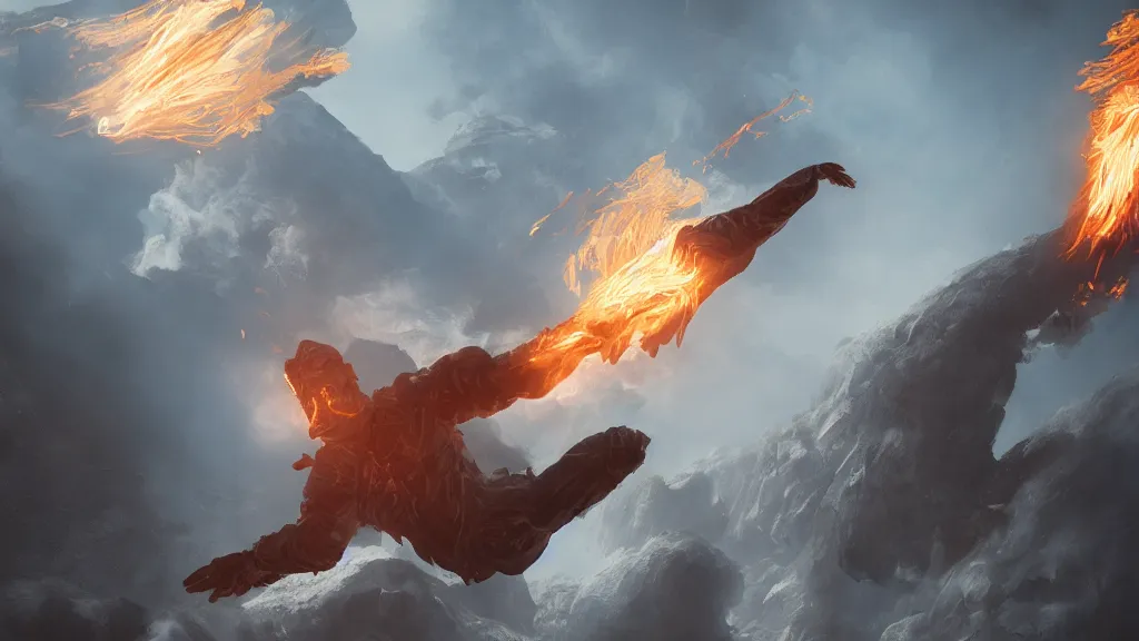 Image similar to a man in white tights flies from volcano and flame, intricate, highly detailed, artstation trending, ray tracing, cinematic, art by andrey surnov, concept art,