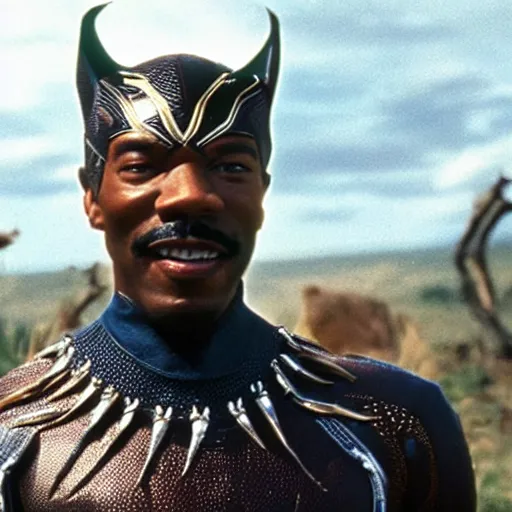 Prompt: film still of 1980s Eddie Murphy as T’Chala in Black Panther movie