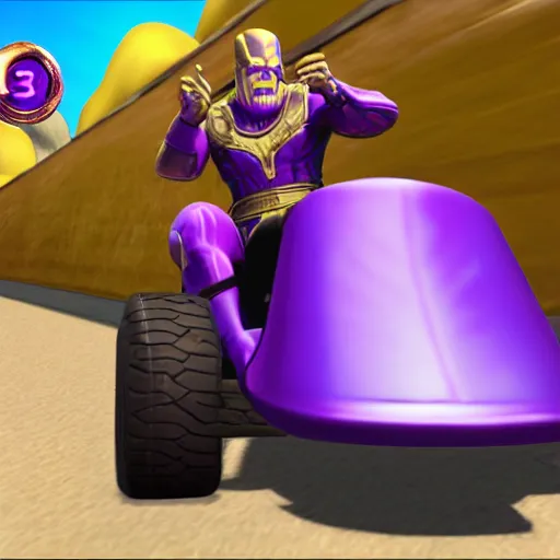 Prompt: Thanos is a character in Kart Tour game, screenshot gameplay,