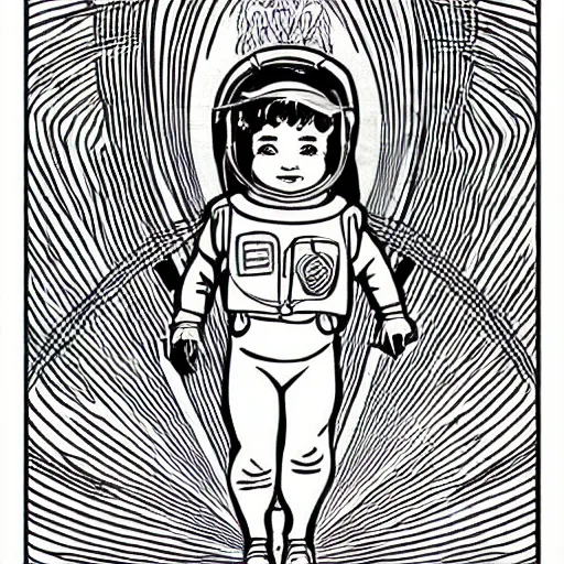 Prompt: clean simple line art of a cute little girl with a mischievous face and short brown wavy curly hair. she is dressed as an astronaut. no background. well composed, clean coloring book page, beautiful detailed face. coloring book line art by steve ditko and jack kirby and alphonse mucha