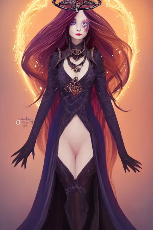 Image similar to a full body portrait of a gorgeous female sorceress, looking at camera, D&D, choker on neck, stylish dress with arcane symbols, very long flowing hair, intricate, elegant, stylish, cute slightly nerdy smile, mouth slightly open, fantasy, extremely detailed, digital painting, artstation, concept art, smooth, sharp focus, illustration, stunning lighting, art by artgerm and greg rutkowski and alphonse mucha and simon stalenhag