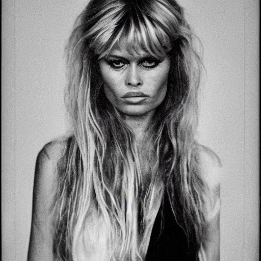 Image similar to stunning symmetrical portrait of brigitte bardot in front of a ( ( ( tall moog synthesizer ) ) ), high contrast grainy blank and white photography print ilford warm tone, huge modular synthesizer