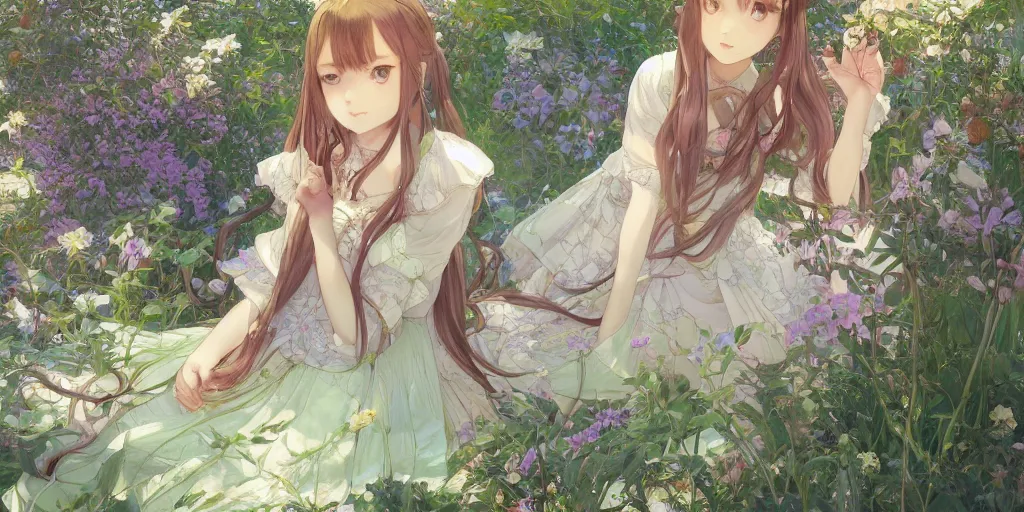 Image similar to a digital art of a loli with long hair in a dress in the privet garden at after noon, green and warm theme, by krenz cushart and mucha and akihito yoshida and greg rutkowski and makoto shinkai, low angle, long shot, back lighting, detailed eyes, 4 k resolution, trending on art station