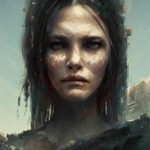 Image similar to a portrait of a very beautiful woman with sad face, post apocalyptic earth in the background as seen by greg rutkowski, dark theme, enchanted, warm colors, high quality, waw, trending on artstation